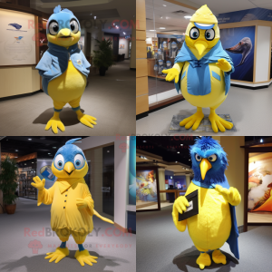 Lemon Yellow Blue jay mascot costume character dressed with Romper and Shawl pins