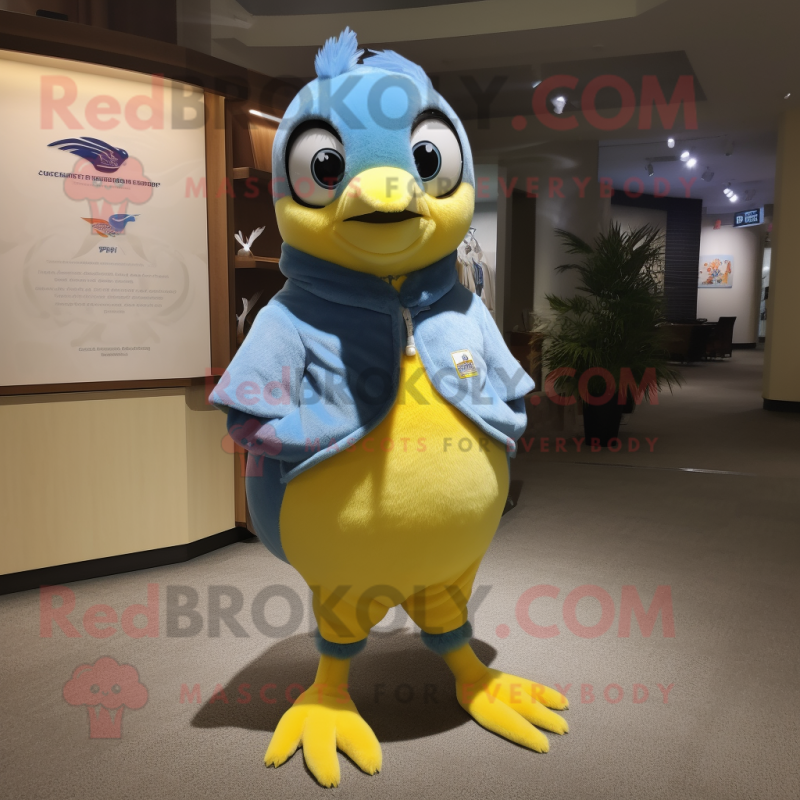 Lemon Yellow Blue jay mascot costume character dressed with Romper and Shawl pins