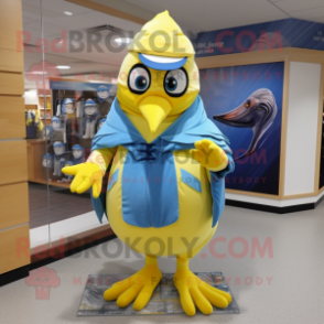 Lemon Yellow Blue jay mascot costume character dressed with Romper and Shawl pins