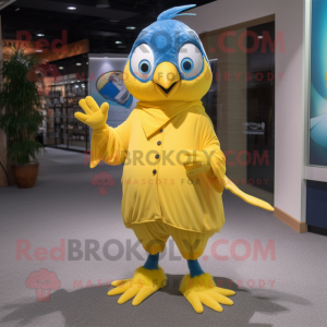 Lemon Yellow Blue jay mascot costume character dressed with Romper and Shawl pins