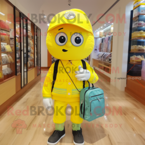 Lemon Yellow Phone mascot costume character dressed with Overalls and Backpacks
