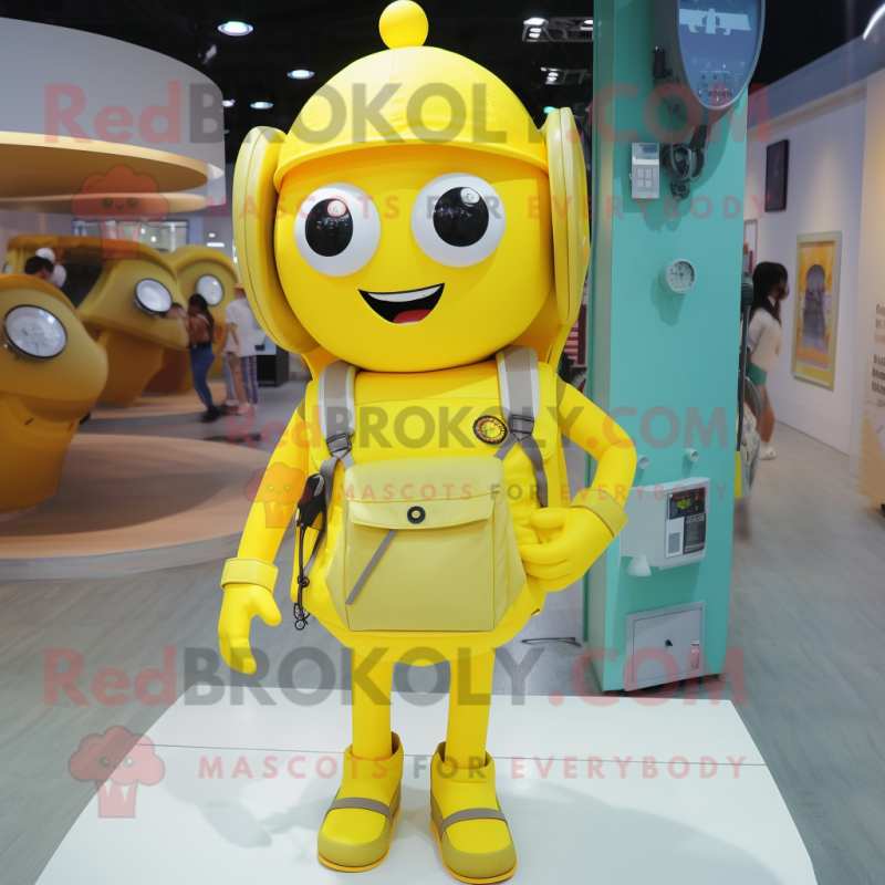 Lemon Yellow Phone mascot costume character dressed with Overalls and Backpacks