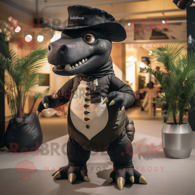 Black Stegosaurus mascot costume character dressed with Chinos and Hat pins