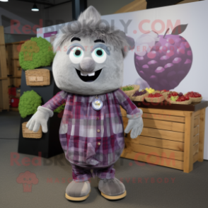 Gray Grape mascot costume character dressed with Flannel Shirt and Coin purses