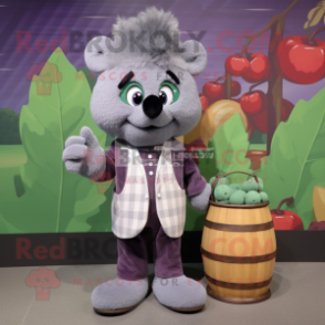 Gray Grape mascot costume character dressed with Flannel Shirt and Coin purses