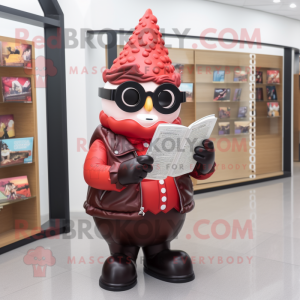 Red ice cream cone mascot costume character dressed with Leather Jacket and Reading glasses