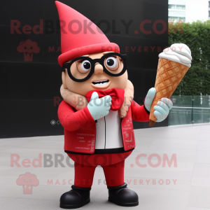 Red ice cream cone mascot costume character dressed with Leather Jacket and Reading glasses