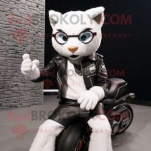 White Lynx mascot costume character dressed with Biker Jacket and Berets