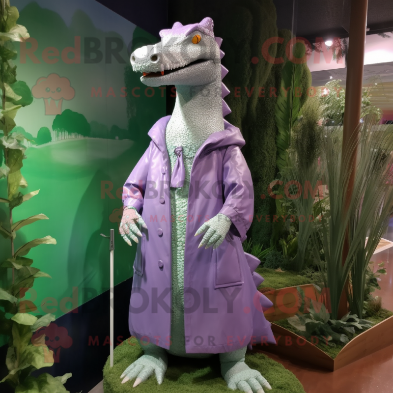 Lavender Crocodile mascot costume character dressed with Raincoat and Scarves