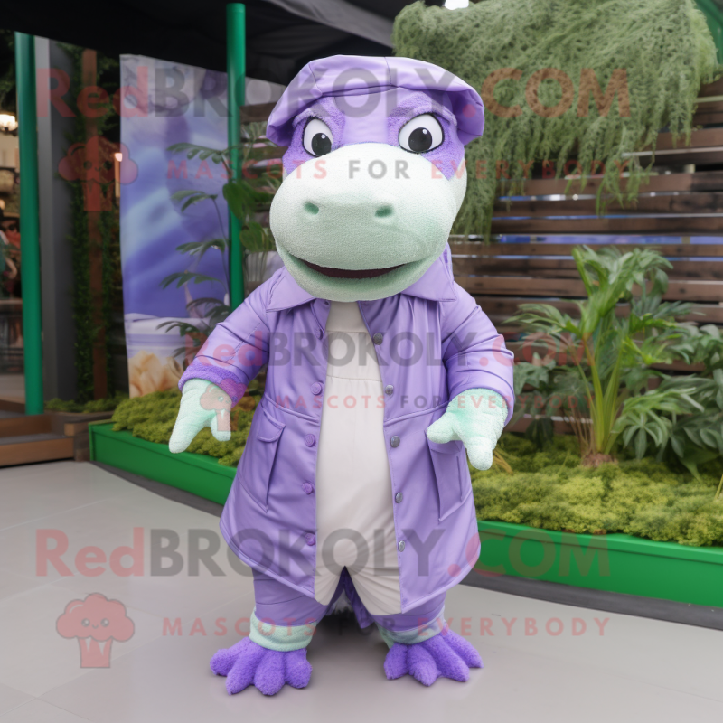 Lavender Crocodile mascot costume character dressed with Raincoat and Scarves