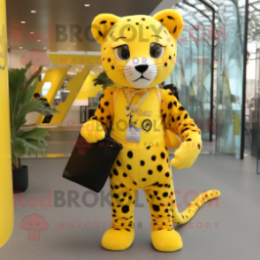 Lemon Yellow Leopard mascot costume character dressed with Poplin Shirt and Clutch bags