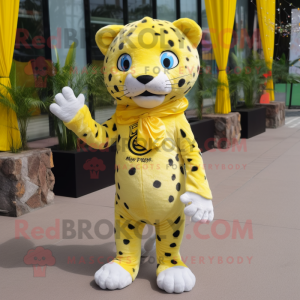 Lemon Yellow Leopard mascot costume character dressed with Poplin Shirt and Clutch bags