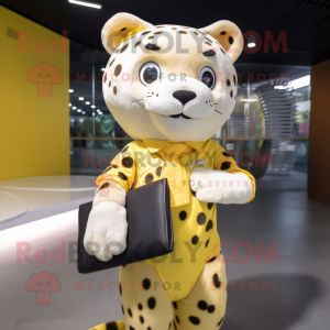 Lemon Yellow Leopard mascot costume character dressed with Poplin Shirt and Clutch bags