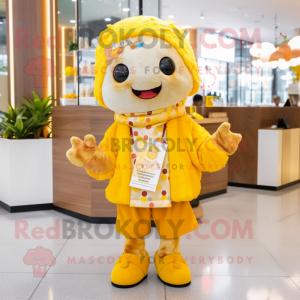 Yellow Miso Soup mascot costume character dressed with Cardigan and Necklaces