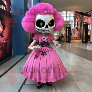 Pink Skull mascot costume character dressed with A-Line Dress and Hair clips