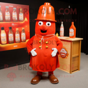 Orange Bottle of ketchup mascot costume character dressed with Sweater and Hat pins