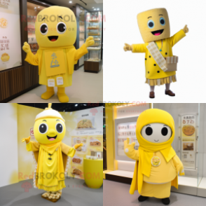 Yellow Miso Soup mascot costume character dressed with Cardigan and Necklaces