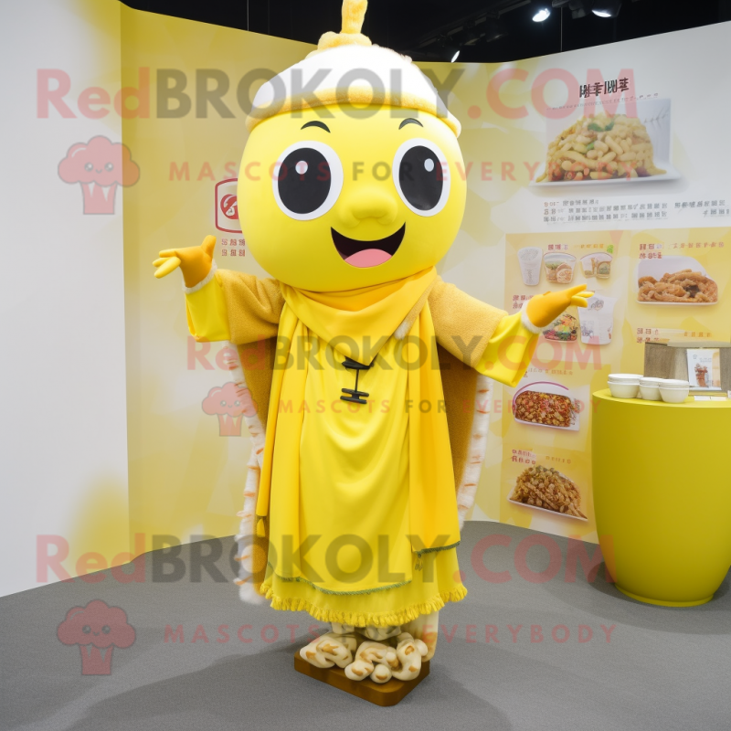 Yellow Miso Soup mascot costume character dressed with Cardigan and Necklaces