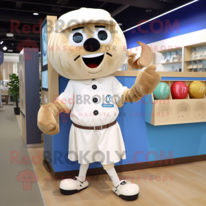 Beige Meatballs mascot costume character dressed with Board Shorts and Pocket squares