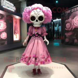 Pink Skull mascot costume character dressed with A-Line Dress and Hair clips