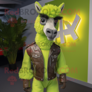 Lime Green Llama mascot costume character dressed with Leather Jacket and Brooches