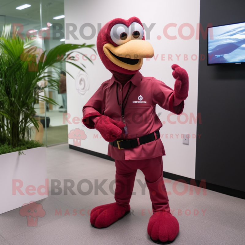 Maroon Flamingo mascot costume character dressed with Vest and Smartwatches