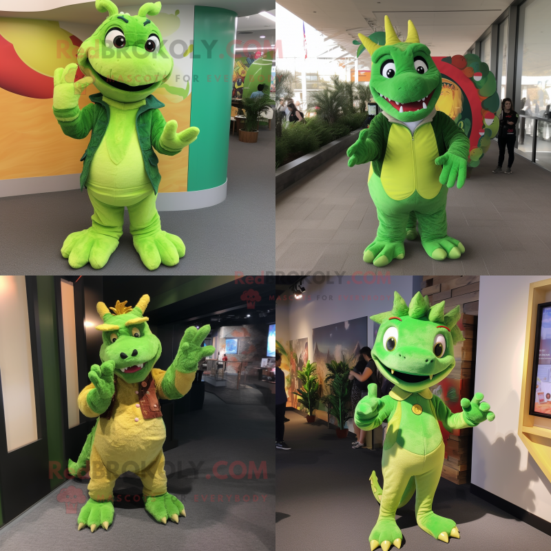 Lime Green Dragon mascot costume character dressed with Corduroy Pants and Watches