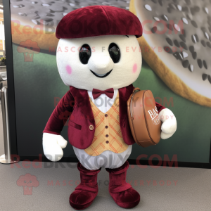 Maroon Bagels mascot costume character dressed with Waistcoat and Handbags