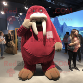 Maroon Walrus mascot costume character dressed with Chambray Shirt and Beanies