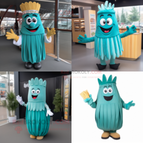 Teal French fries mascot costume character dressed with Pleated Skirt and Mittens