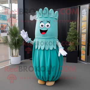 Teal French fries mascot costume character dressed with Pleated Skirt and Mittens