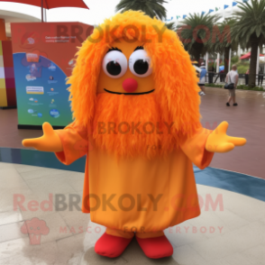 Orange Paella mascot costume character dressed with Raincoat and Hair clips