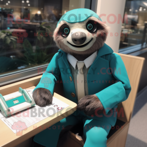 Teal Sloth mascot costume character dressed with Suit Jacket and Gloves