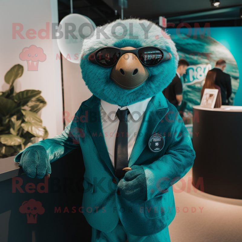 Teal Sloth mascot costume character dressed with Suit Jacket and Gloves