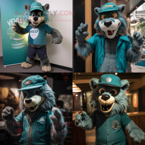 Teal werewolf mascot costume character dressed with Henley Tee and Berets