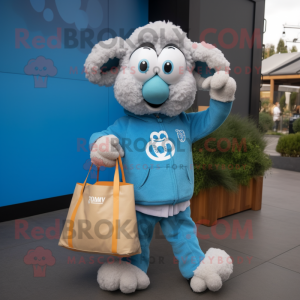 Sky Blue Merino sheep mascot costume character dressed with Sweatshirt and Tote bags