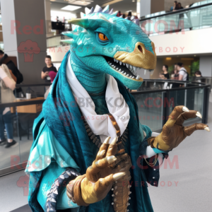 Turquoise Utahraptor mascot costume character dressed with Jacket and Shawl pins