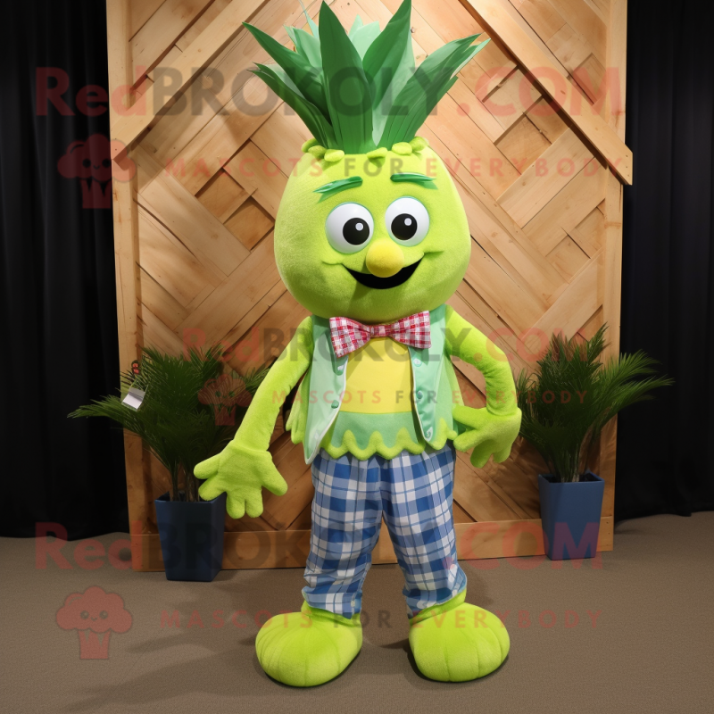 Lime Green Pineapple mascot costume character dressed with Denim Shorts and Bow ties