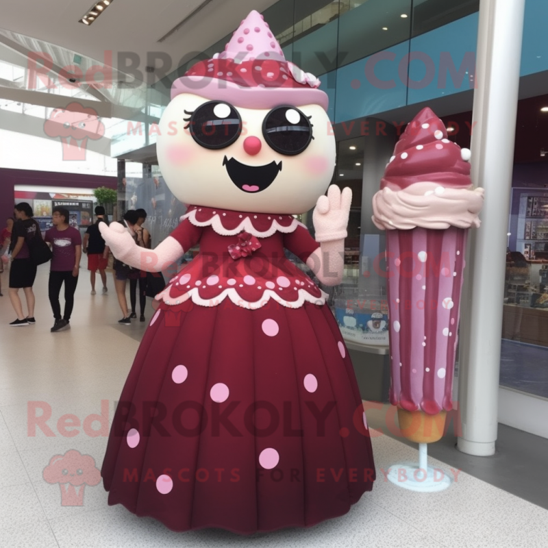 Maroon Ice cream mascot costume character dressed with Evening Gown and Keychains