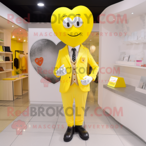 Yellow Heart mascot costume character dressed with Dress Pants and Pocket squares