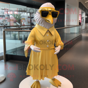 Gold Gull mascot costume character dressed with Dress and Sunglasses