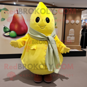 Lemon Yellow Pear mascot costume character dressed with Coat and Scarf clips