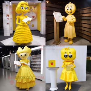 Yellow Love letter mascot costume character dressed with Dress and Necklaces