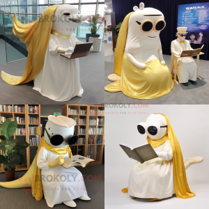 Gold Humpback Whale mascot costume character dressed with Wedding Dress and Reading glasses