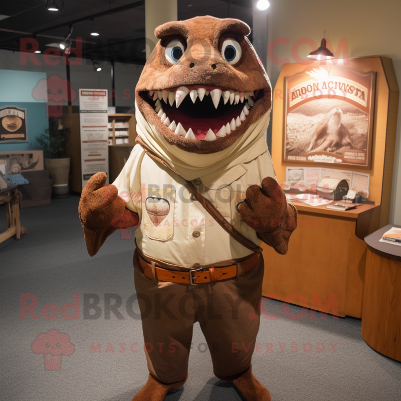 Brown Megalodon mascot costume character dressed with Henley Tee and Shawl pins