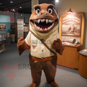 Brown Megalodon mascot costume character dressed with Henley Tee and Shawl pins