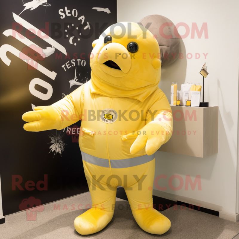 Lemon Yellow Stellar's sea cow mascot costume character dressed with T-Shirt and Gloves