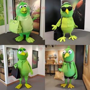 Lime Green Blackbird mascot costume character dressed with Capri Pants and Tote bags