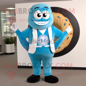 Sky Blue Bagels mascot costume character dressed with Suit Jacket and Rings