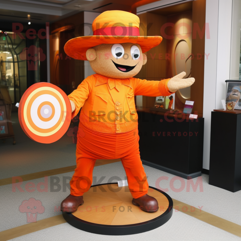 Orange plate spinner mascot costume character dressed with Corduroy Pants and Hats